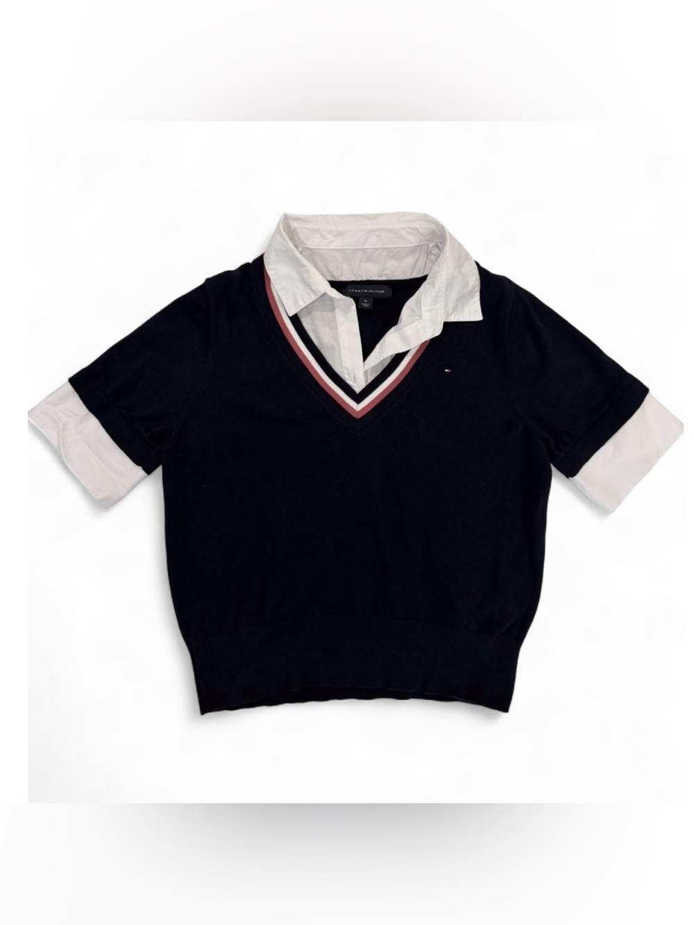 Tommy Hilfiger Layered V-Neck Sweater Shirt Navy Red White M